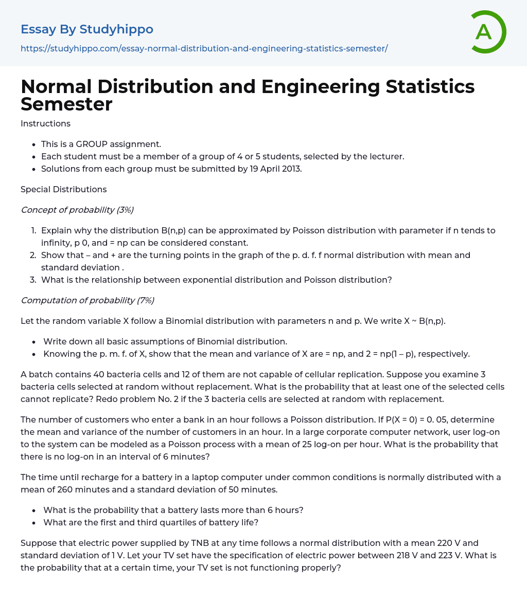Normal Distribution and Engineering Statistics Semester Essay Example