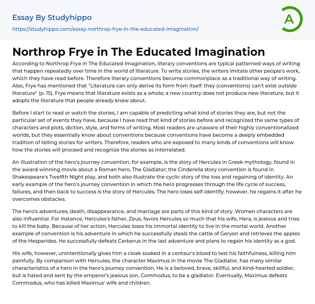 Northrop Frye in The Educated Imagination Essay Example