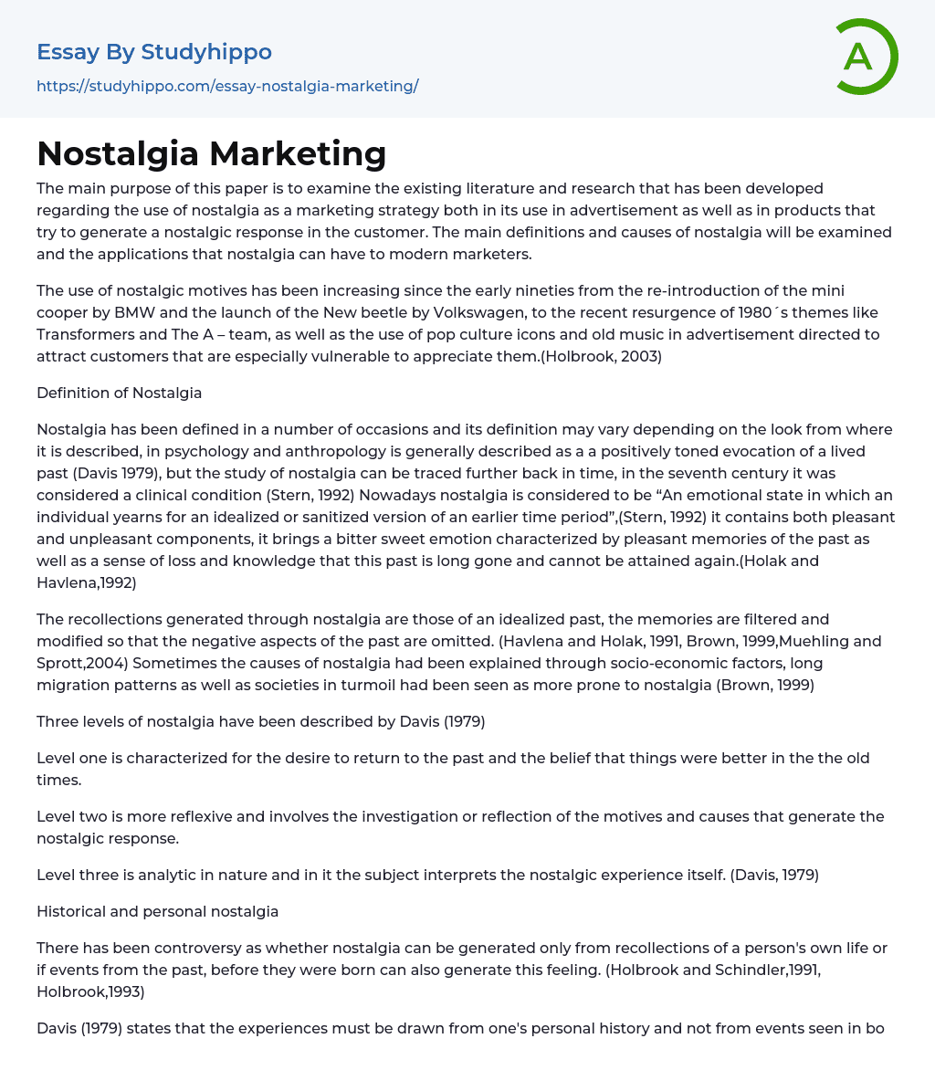 Nostalgia Marketing Essay Example