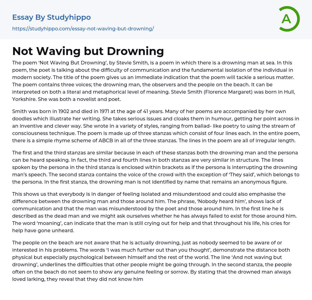 Not Waving but Drowning Essay Example