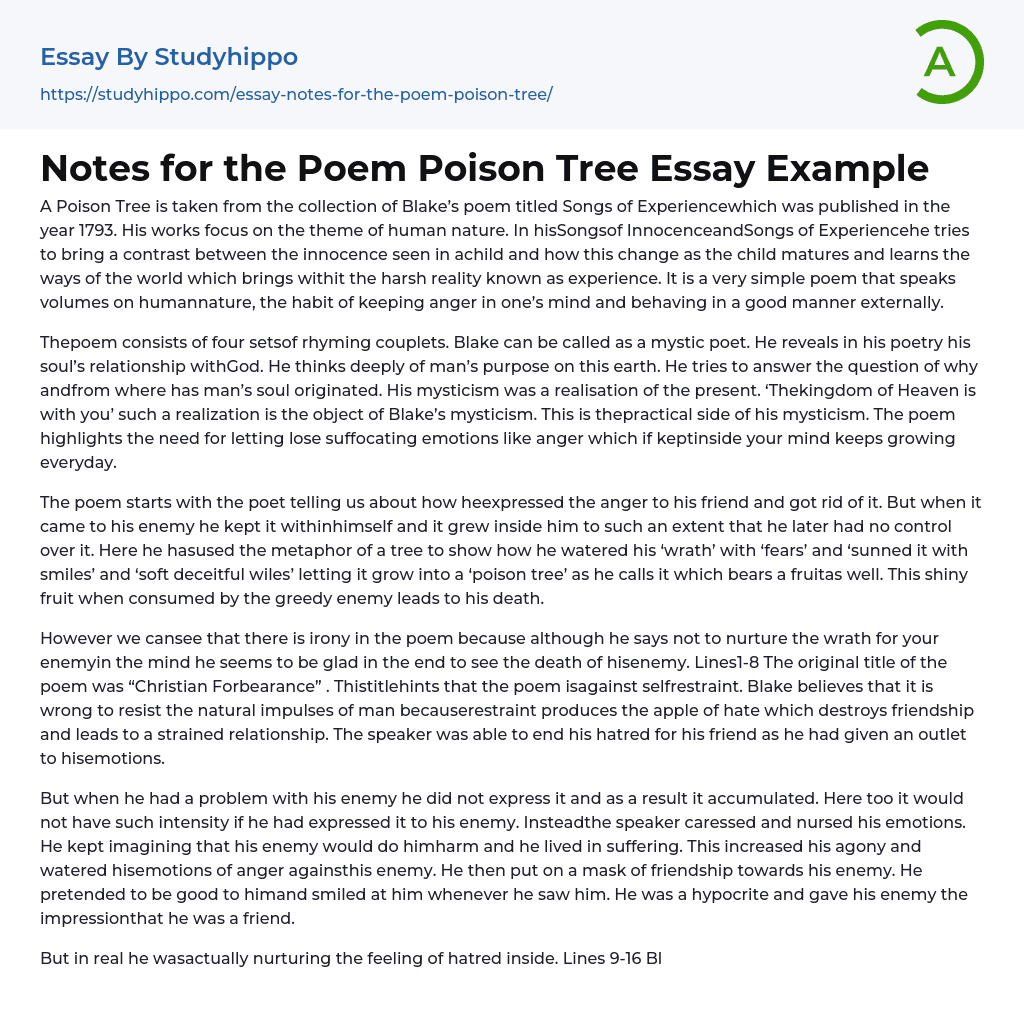 Notes for the Poem Poison Tree Essay Example