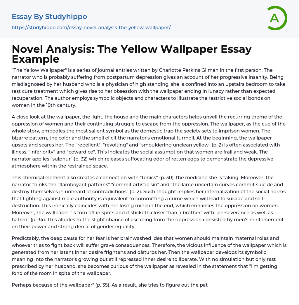 Novel Analysis: The Yellow Wallpaper Essay Example