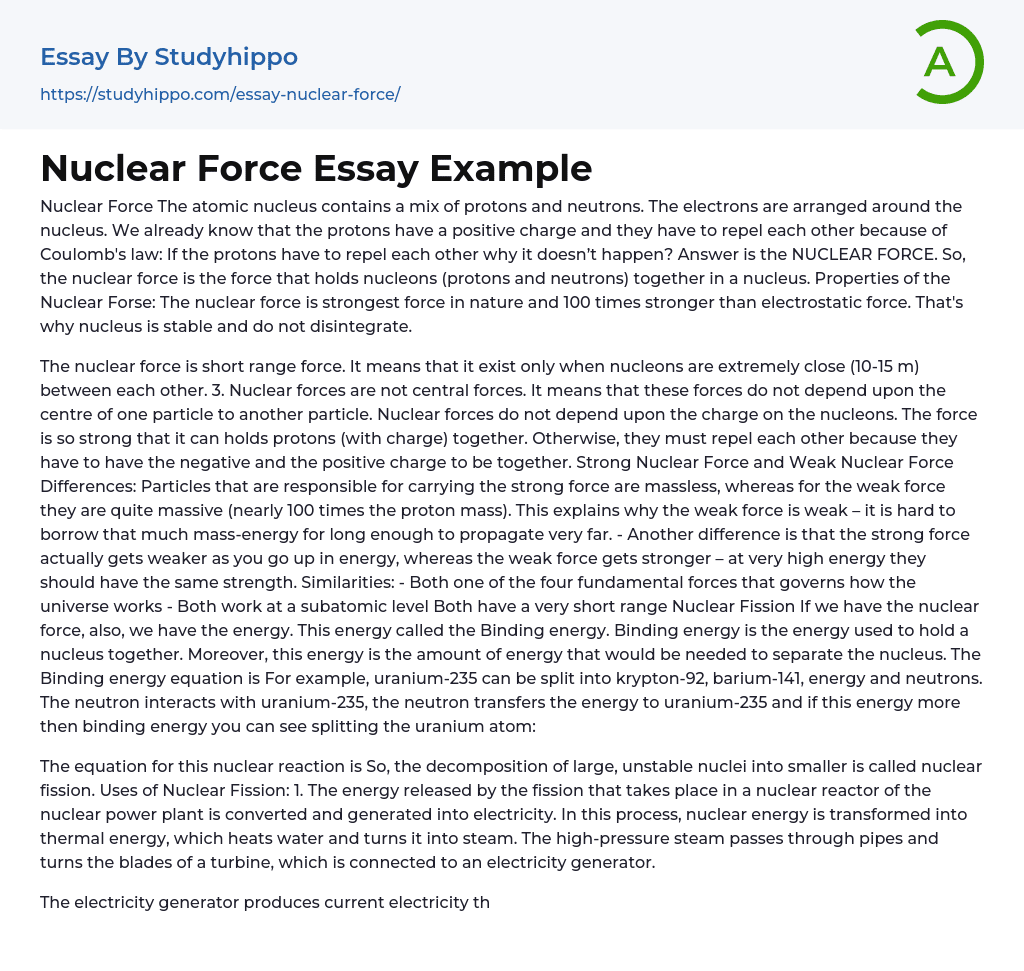 Nuclear Force Essay Example