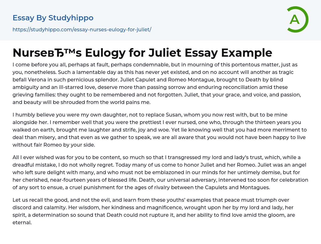 Nurse’s Eulogy for Juliet Essay Example