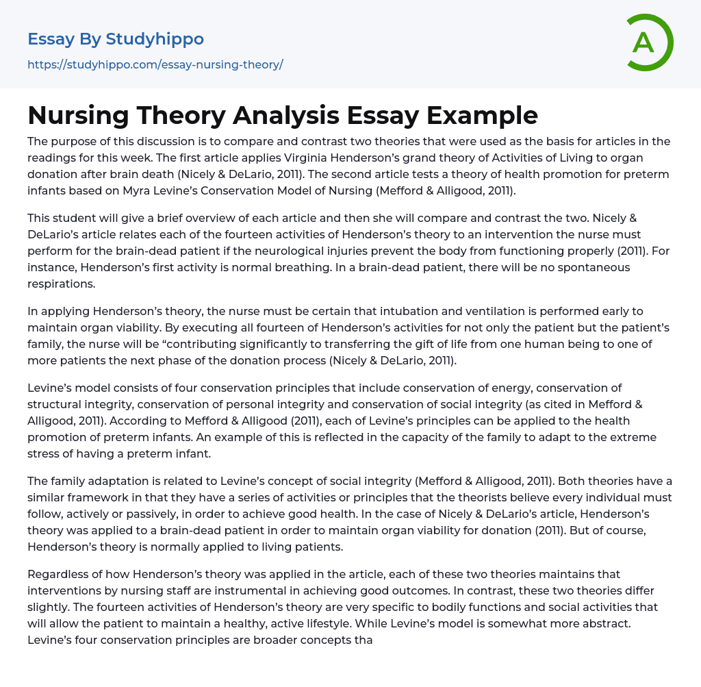 Nursing Theory Analysis Essay Example