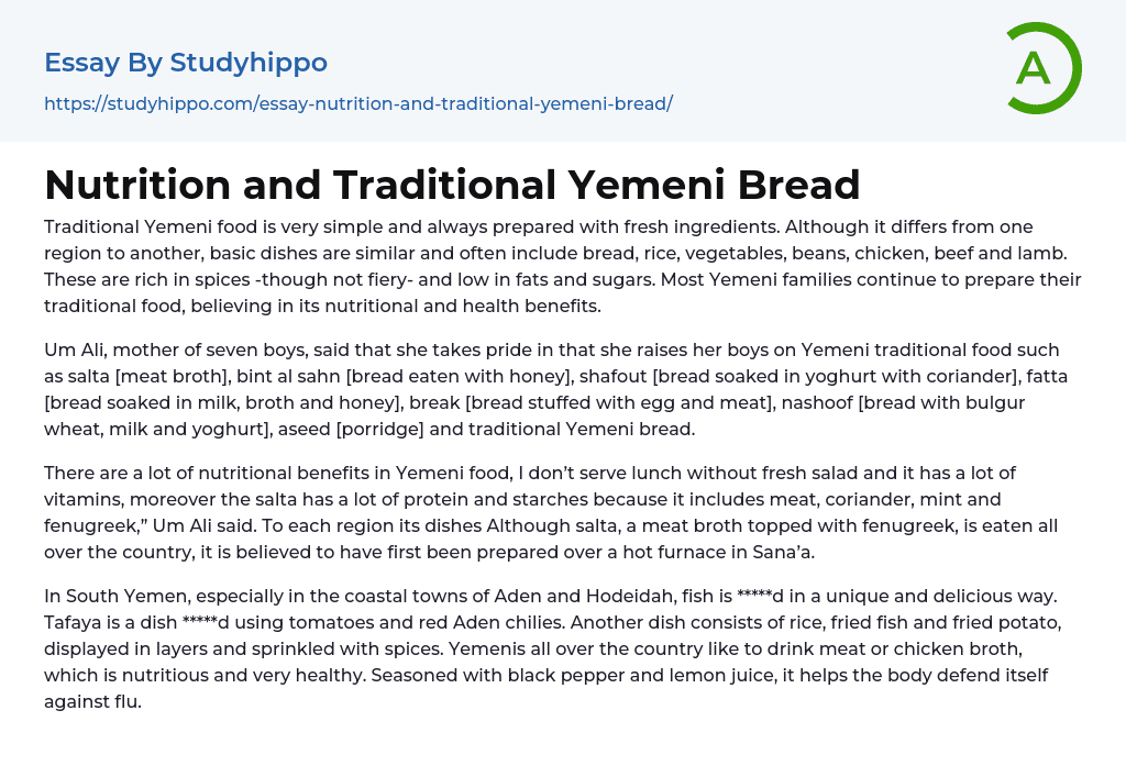 Nutrition and Traditional Yemeni Bread Essay Example