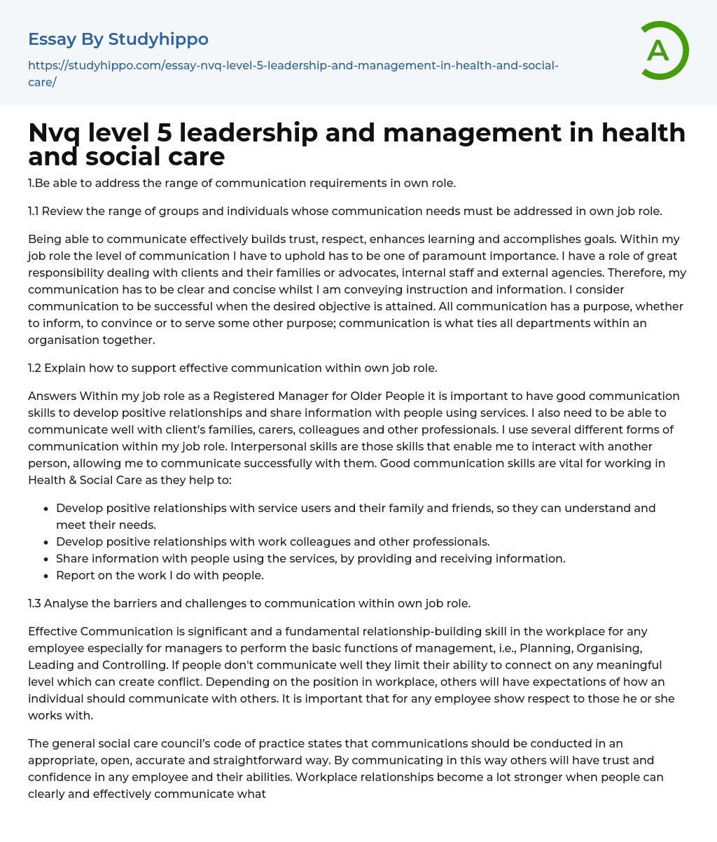 Nvq level 5 leadership and management in health and social care Essay Example