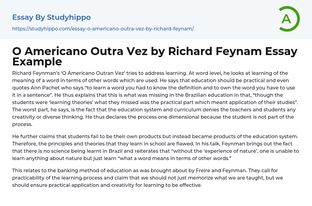 O Americano Outra Vez by Richard Feynam Essay Example