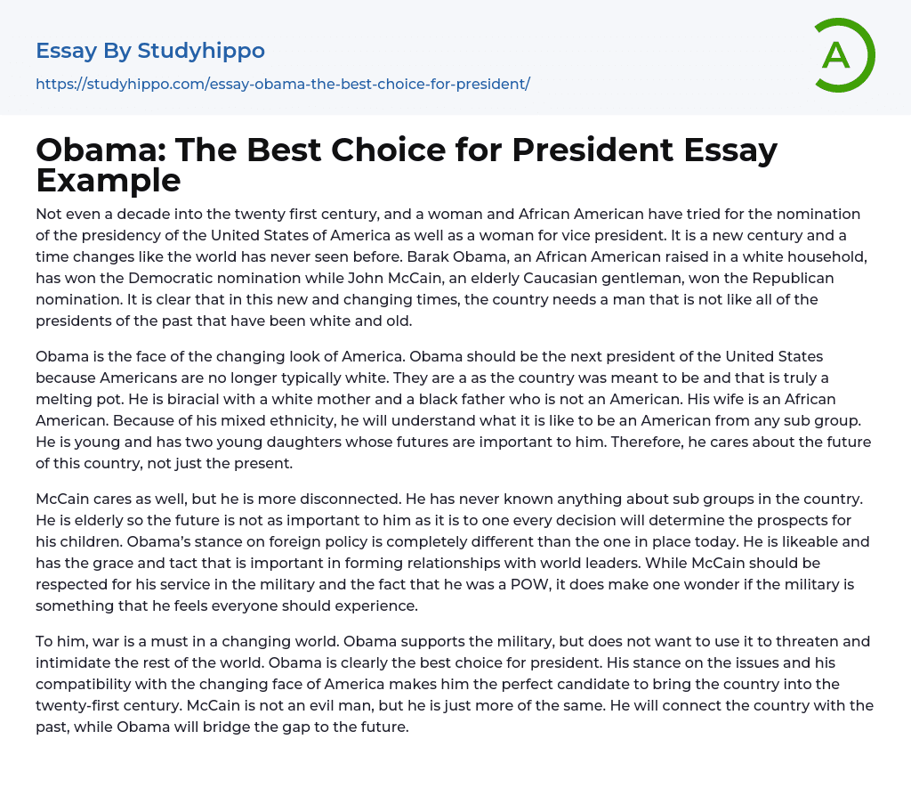 Obama: The Best Choice for President Essay Example