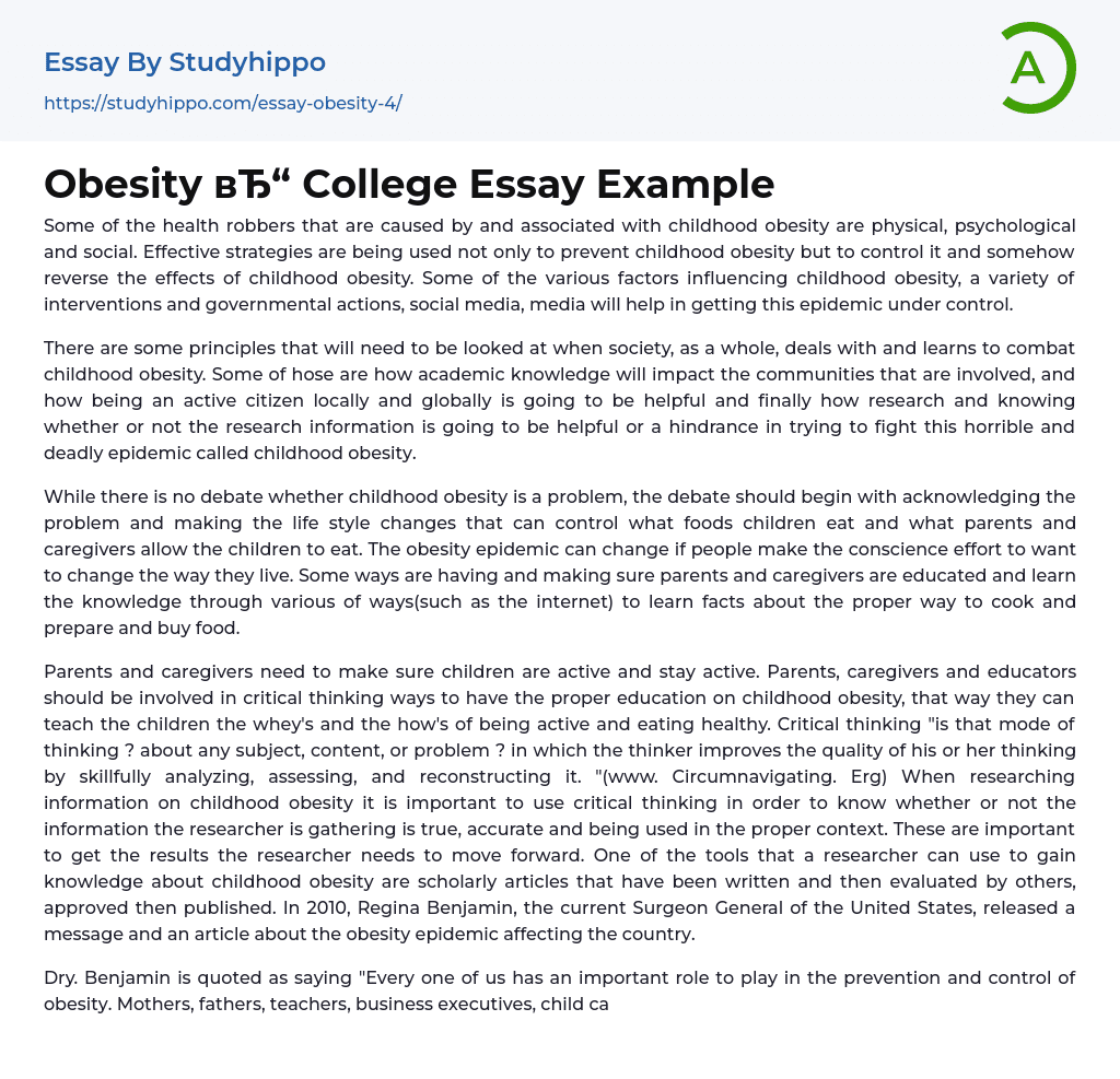 Obesity College Essay Example
