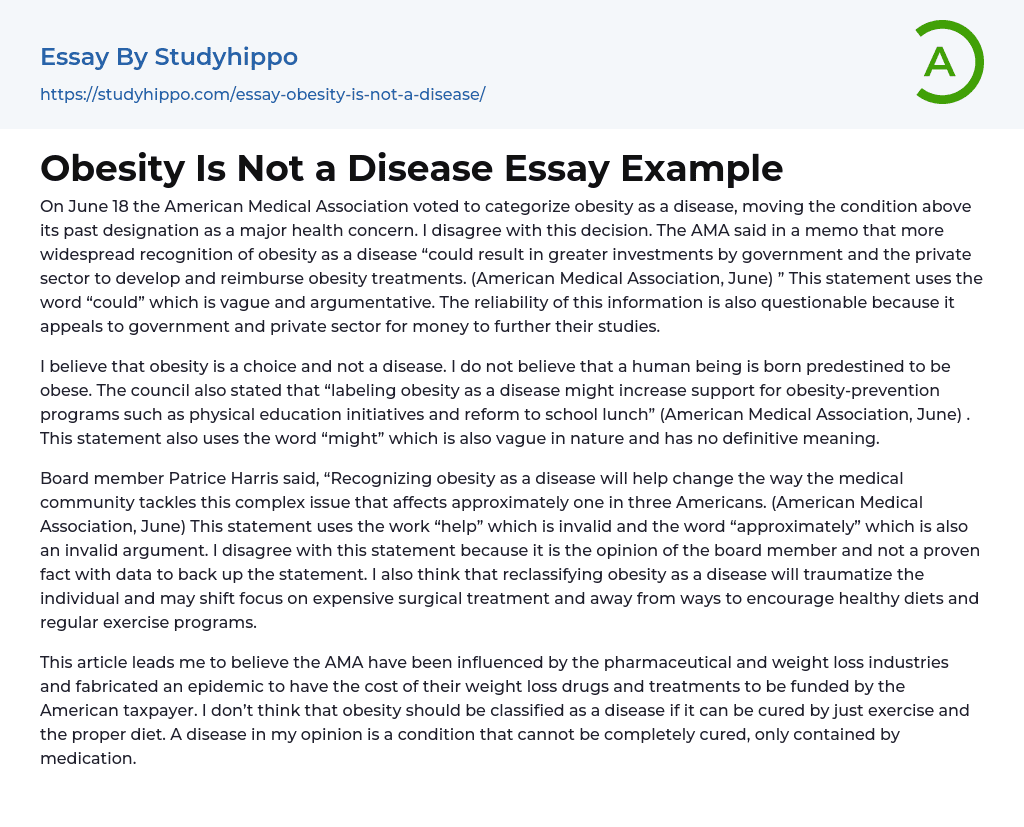 Obesity Is Not a Disease Essay Example