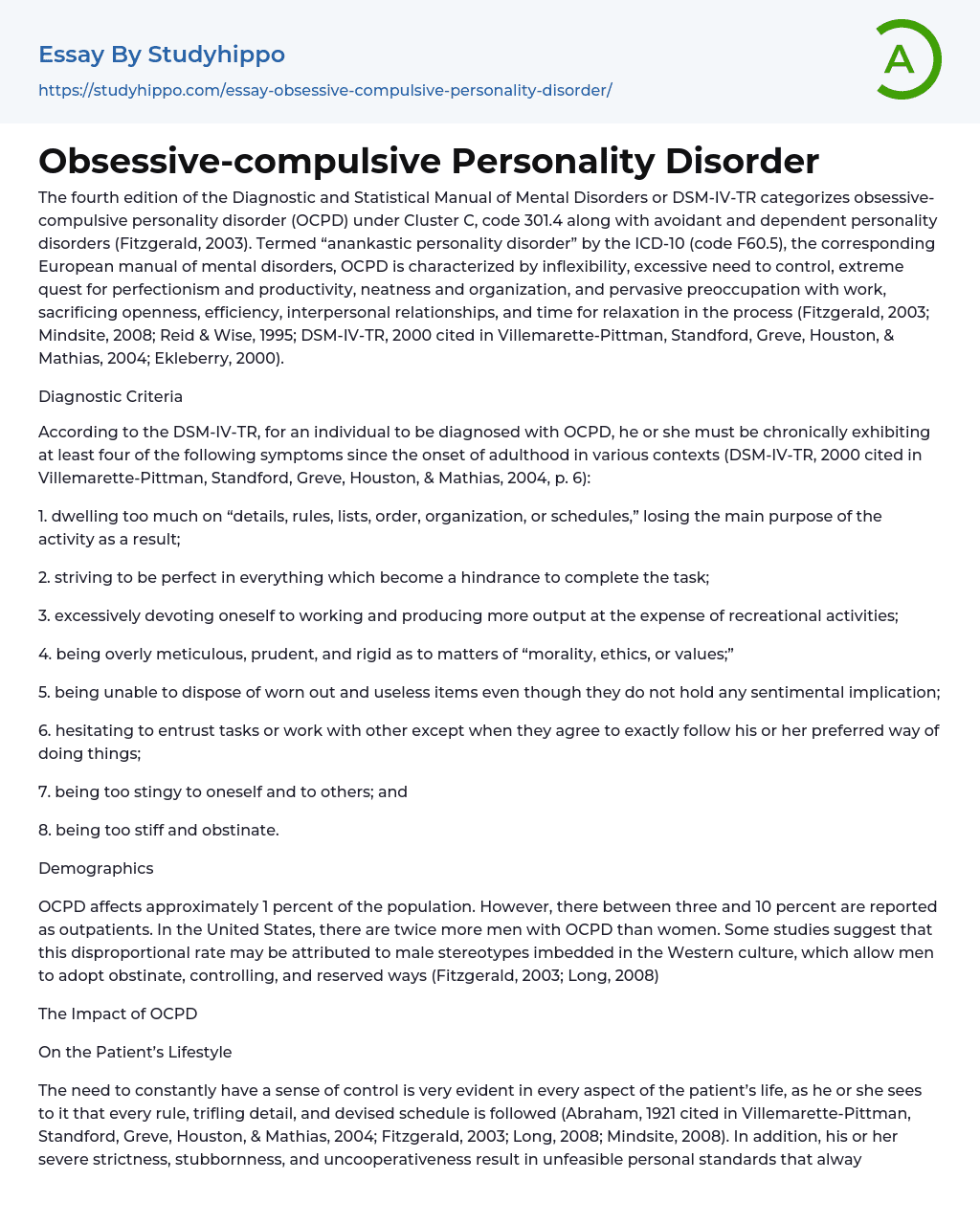 Obsessive-compulsive Personality Disorder Essay Example