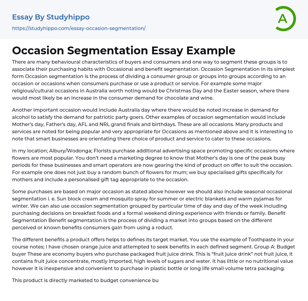 Occasion Segmentation Essay Example