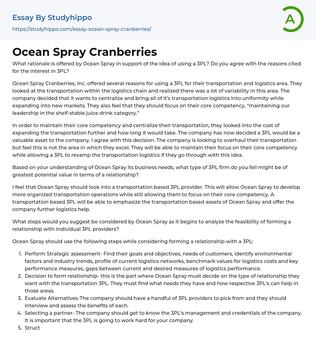Ocean Spray Cranberries Essay Example