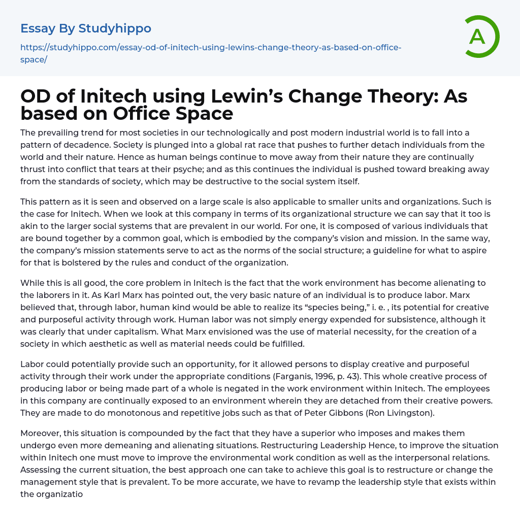 OD of Initech using Lewin’s Change Theory: As based on Office Space Essay Example