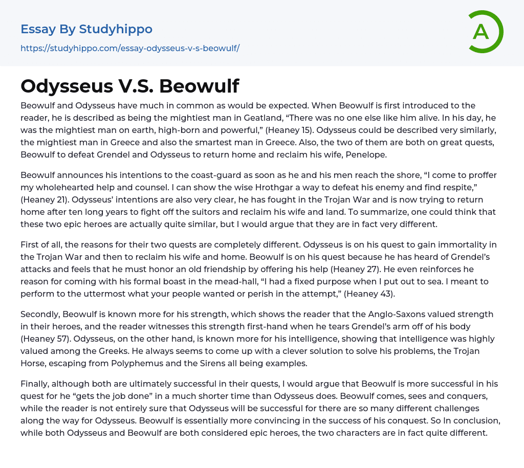 Odysseus V.S. Beowulf Essay Example