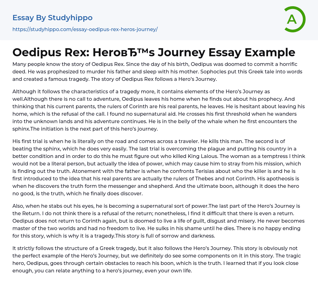 Oedipus Rex: Hero’s Journey Essay Example