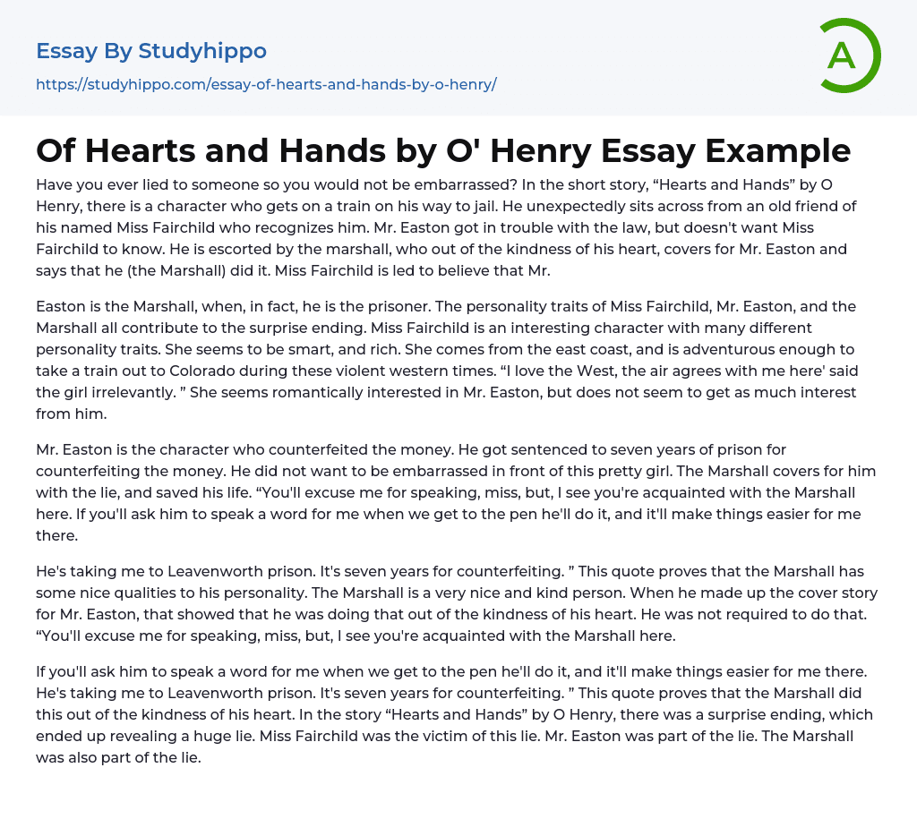 Of Hearts and Hands by O’ Henry Essay Example