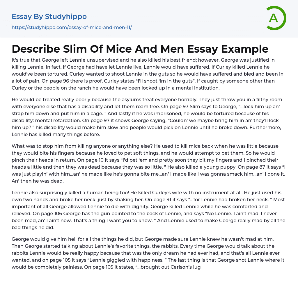 Describe Slim Of Mice And Men Essay Example