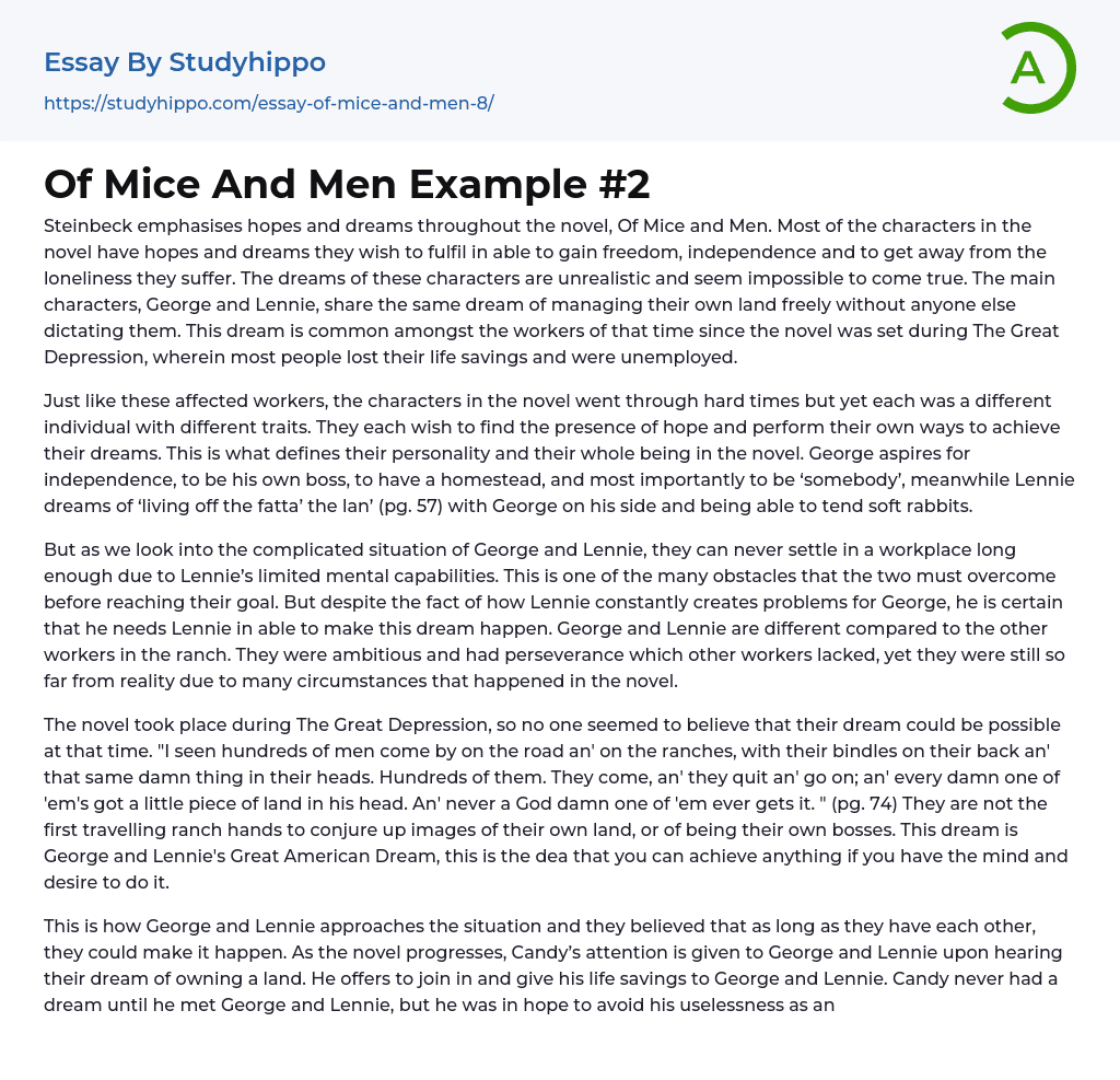 Of Mice And Men Example #2 Essay Example