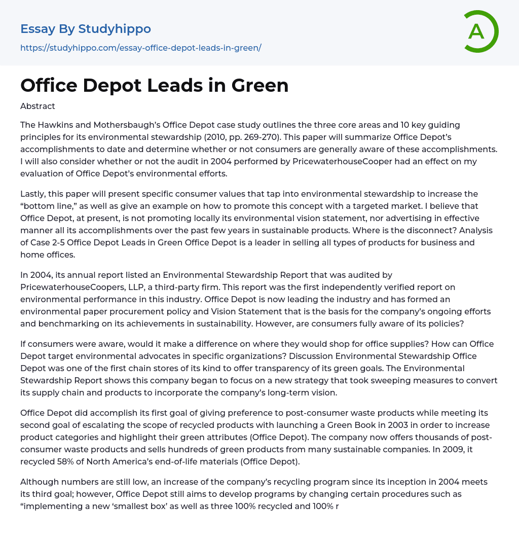 Office Depot Leads in Green Essay Example