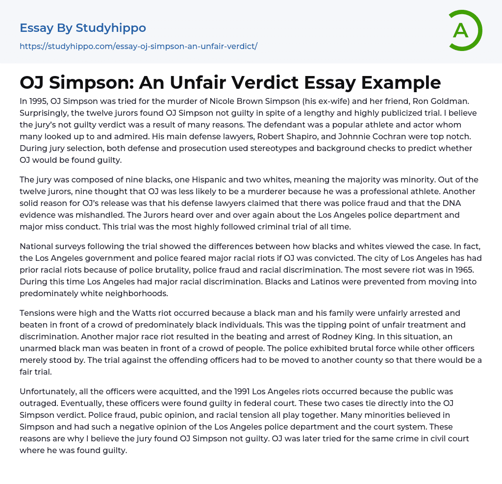 OJ Simpson: An Unfair Verdict Essay Example