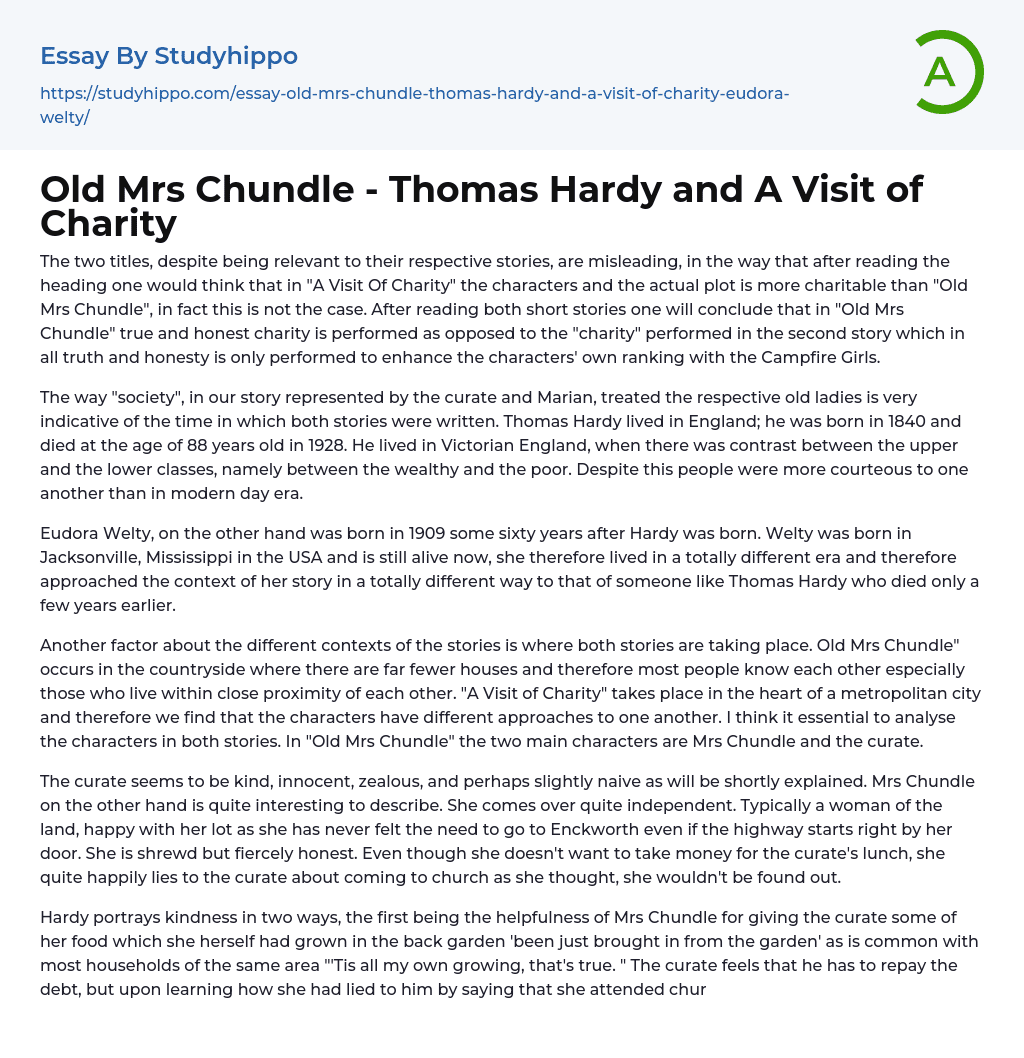 Old Mrs Chundle – Thomas Hardy and A Visit of Charity Essay Example