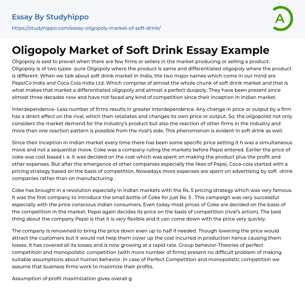 Oligopoly Market of Soft Drink Essay Example
