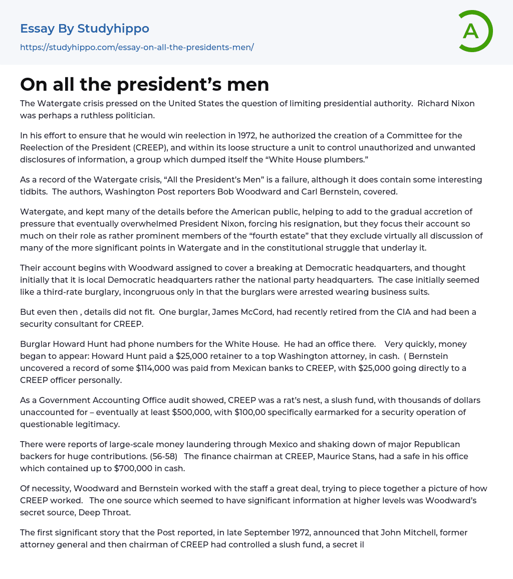 On all the president’s men Essay Example