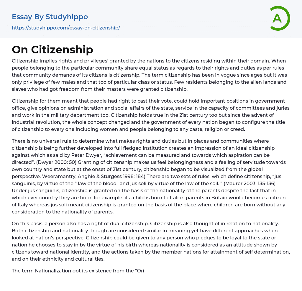 On Citizenship Essay Example StudyHippo