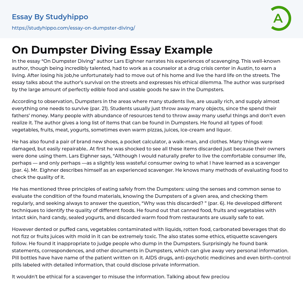 On Dumpster Diving Essay Example