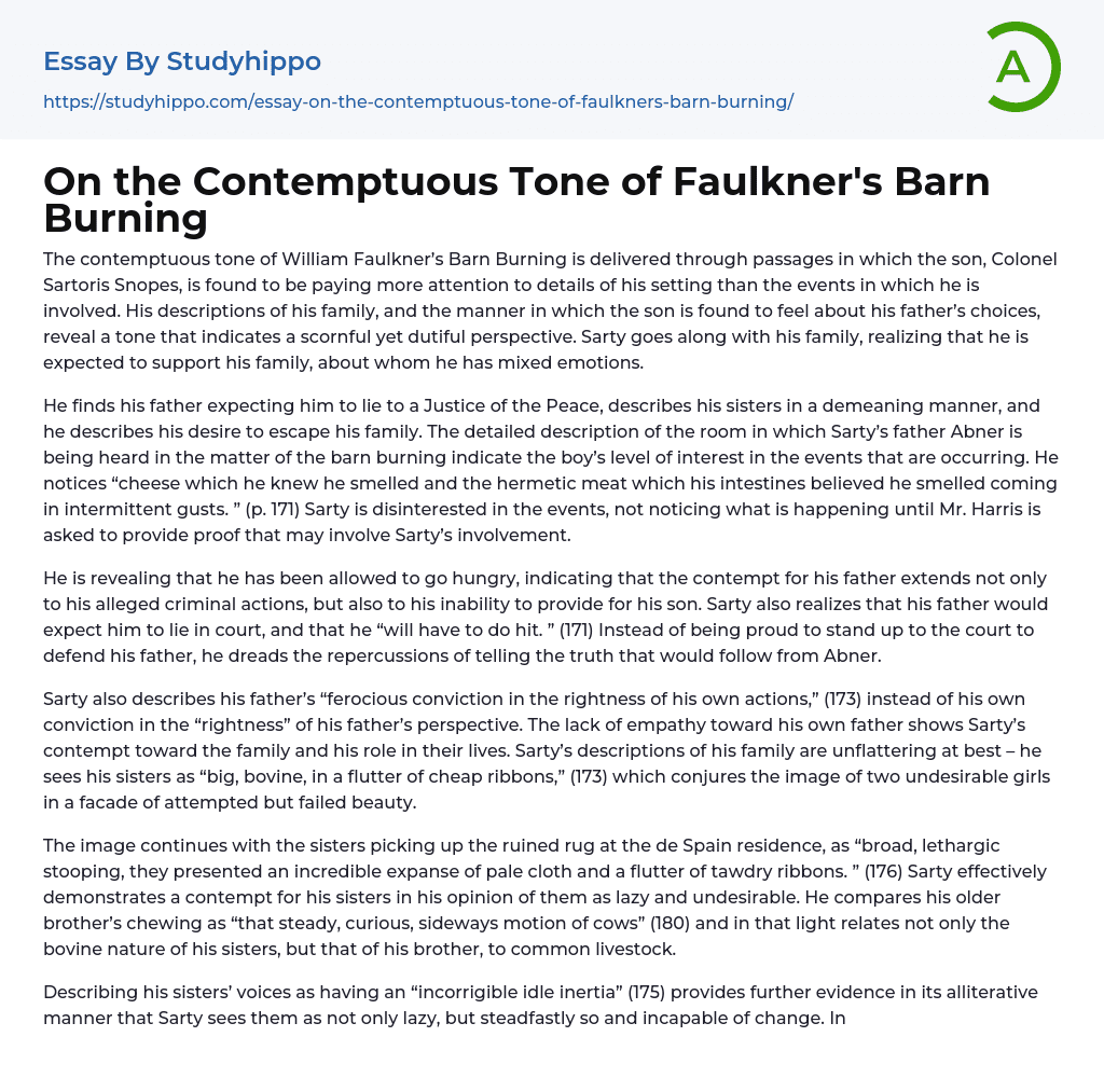 On the Contemptuous Tone of Faulkner’s Barn Burning Essay Example
