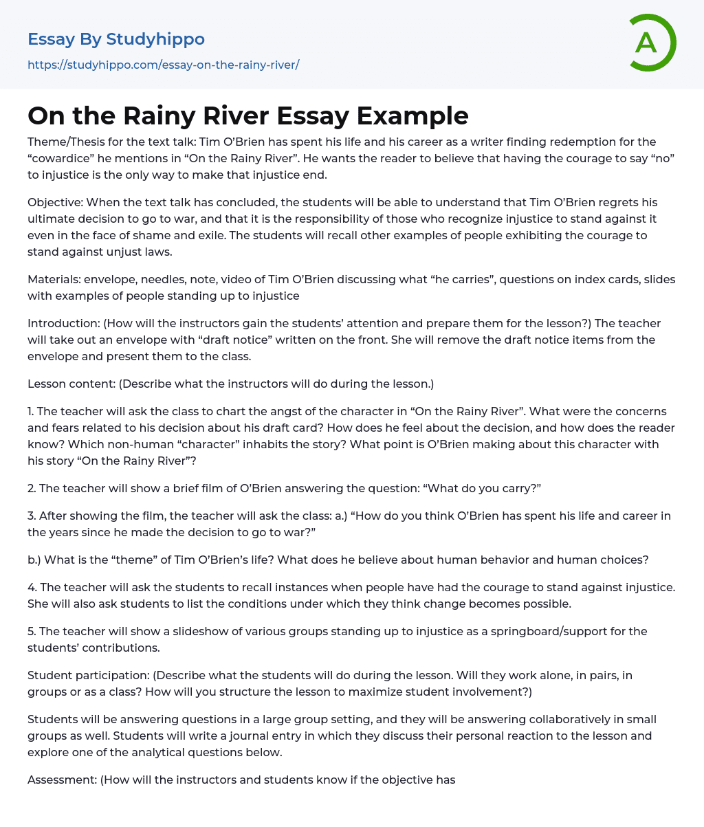 On the Rainy River Essay Example