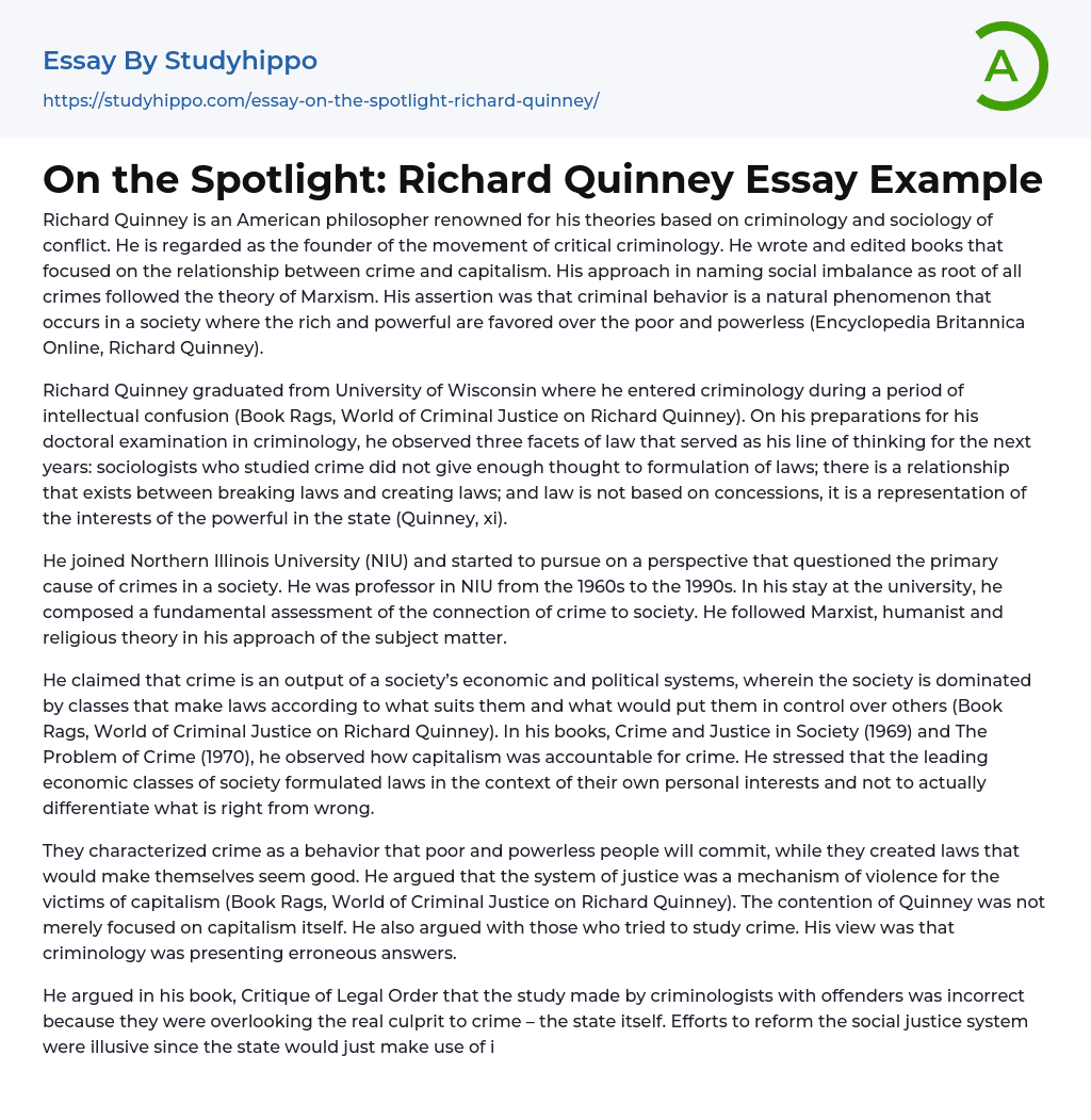 On the Spotlight: Richard Quinney Essay Example