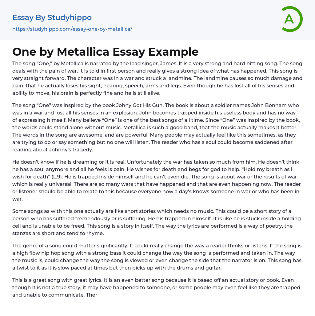 One by Metallica Essay Example