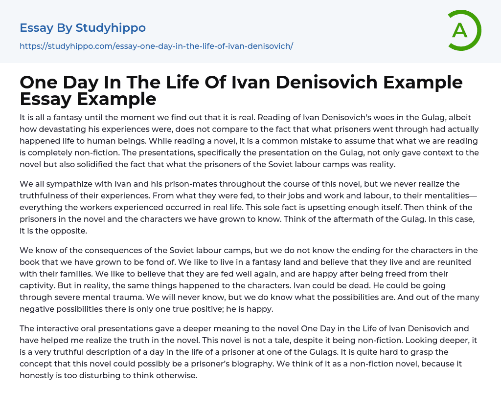 One Day In The Life Of Ivan Denisovich Example Essay Example