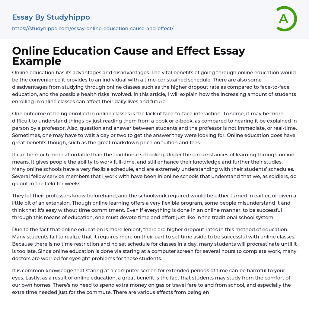 Online Education Cause and Effect Essay Example