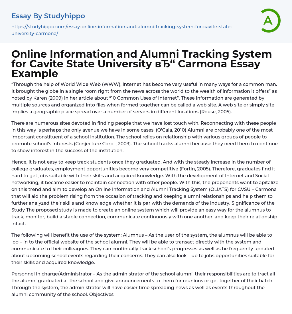 Online Information and Alumni Tracking System for Cavite State University Carmona Essay Example