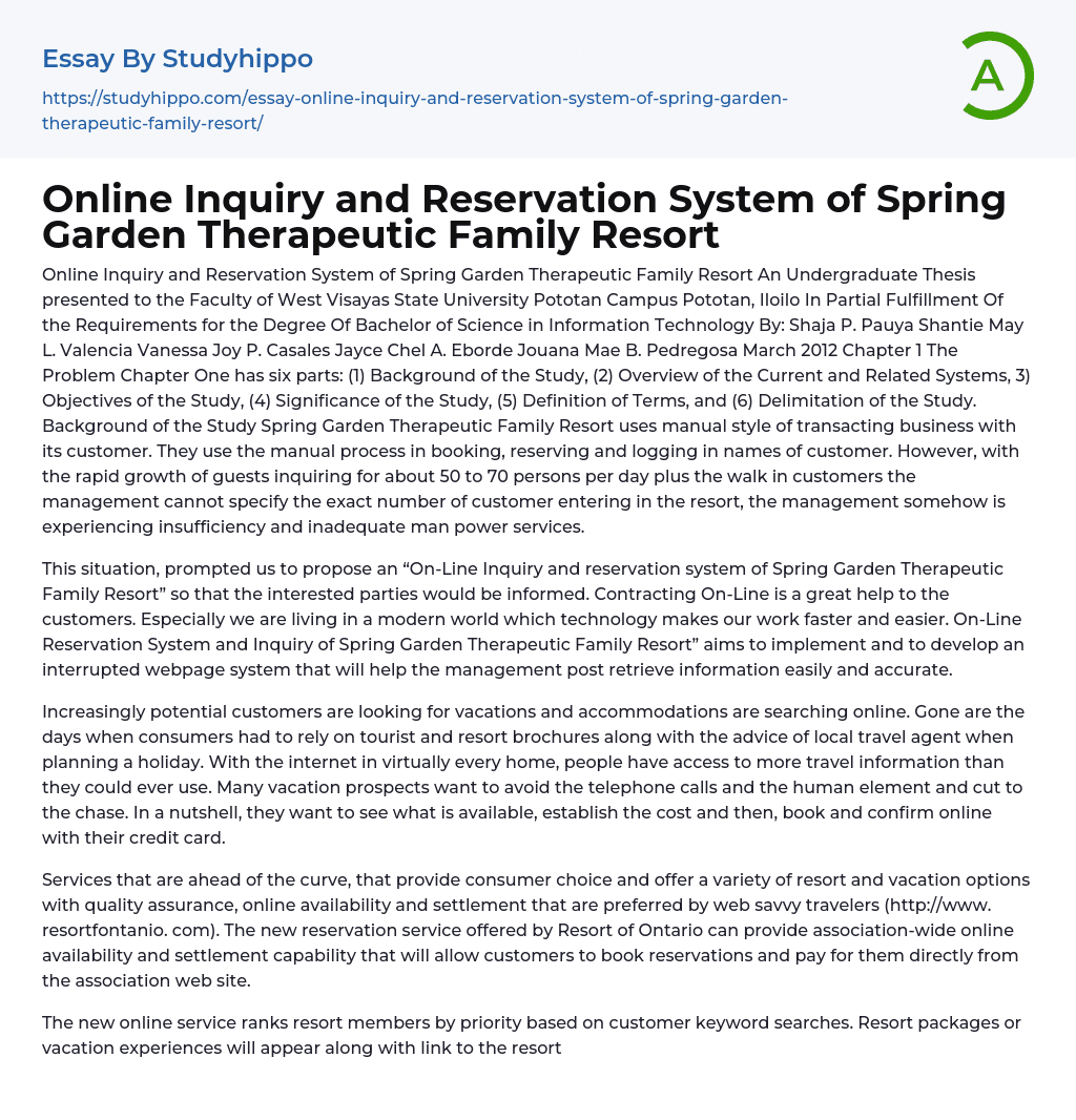 Online Inquiry and Reservation System of Spring Garden Therapeutic Family Resort Essay Example