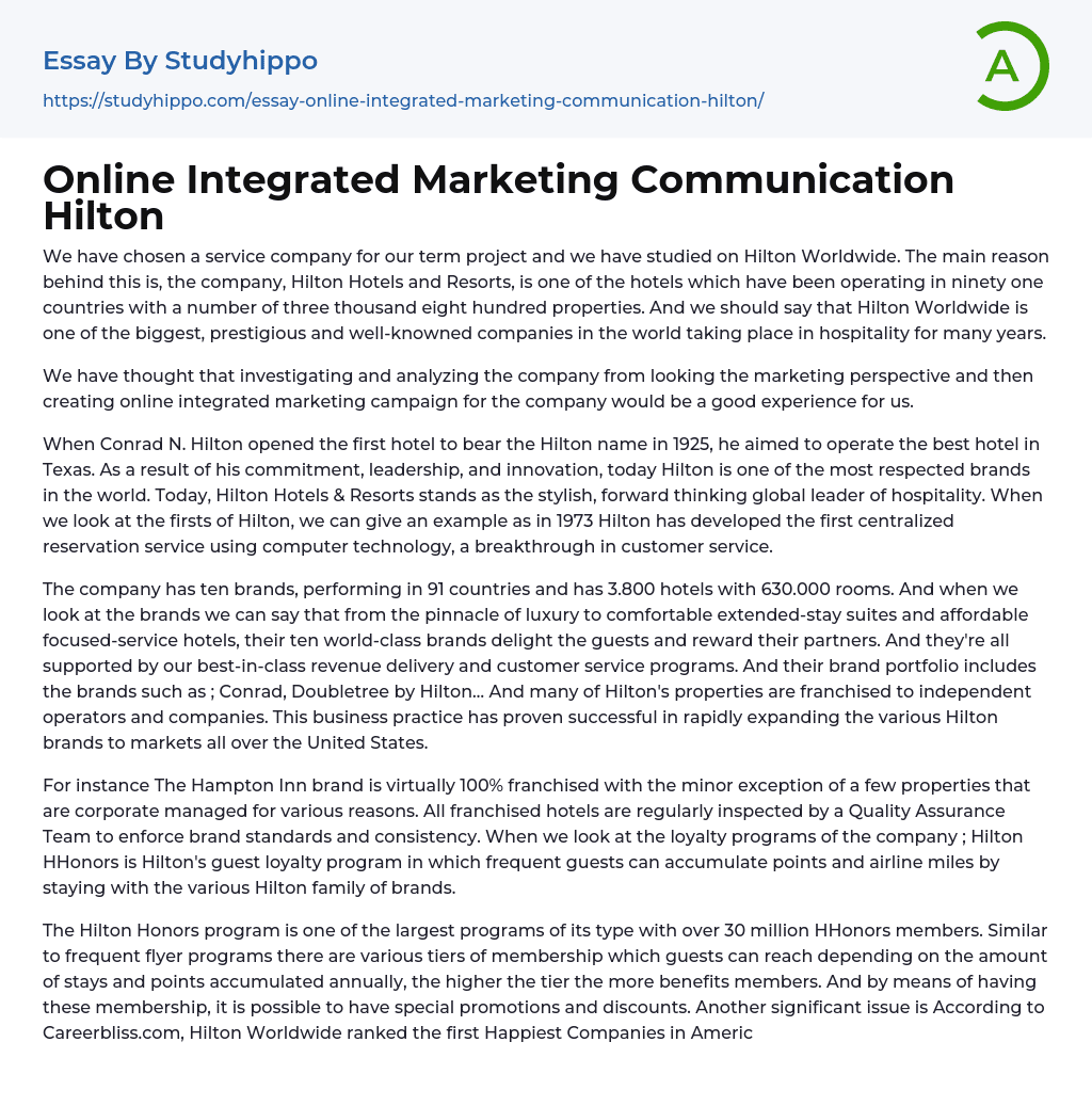 Online Integrated Marketing Communication Hilton Essay Example
