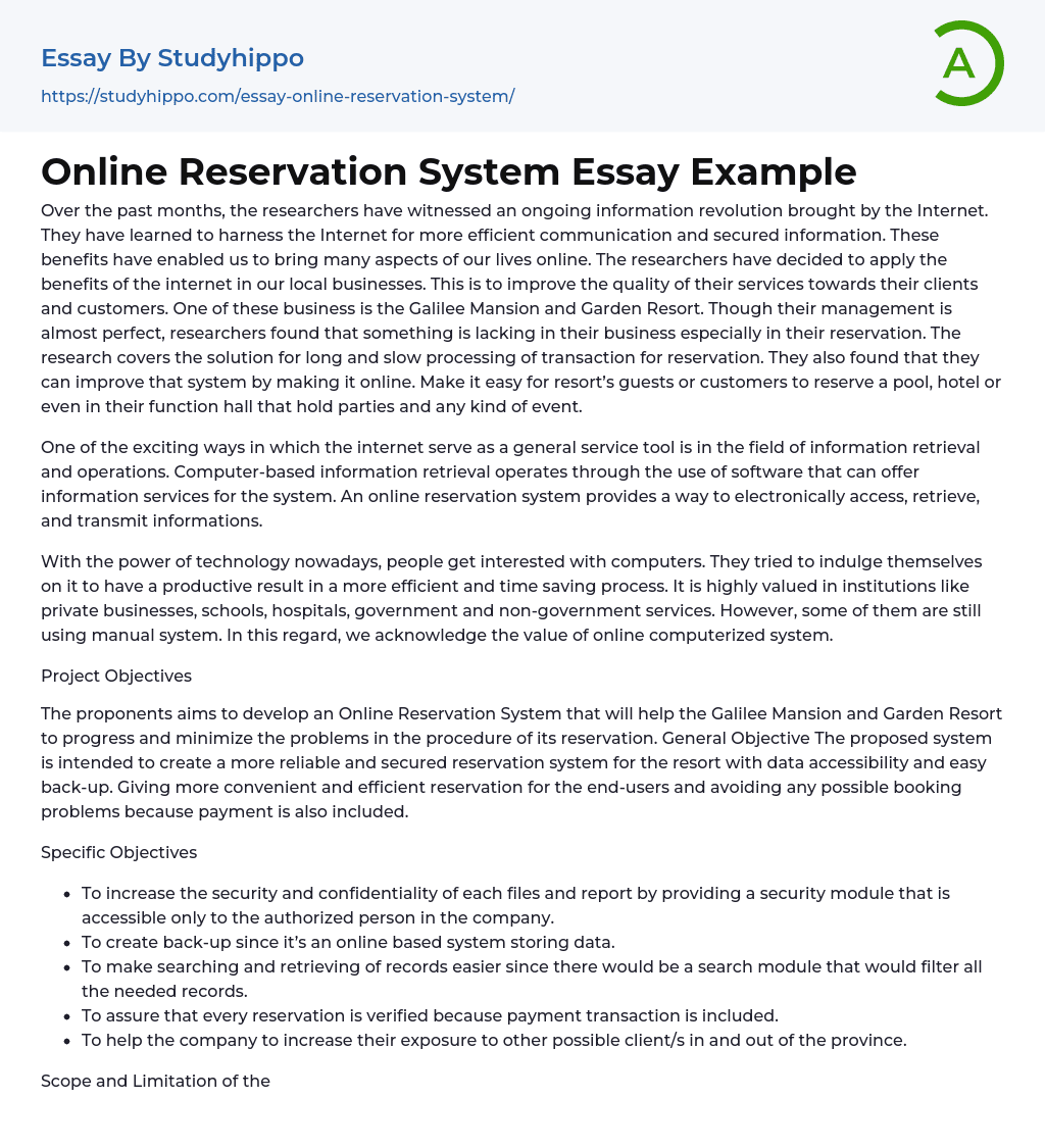 Online Reservation System Essay Example