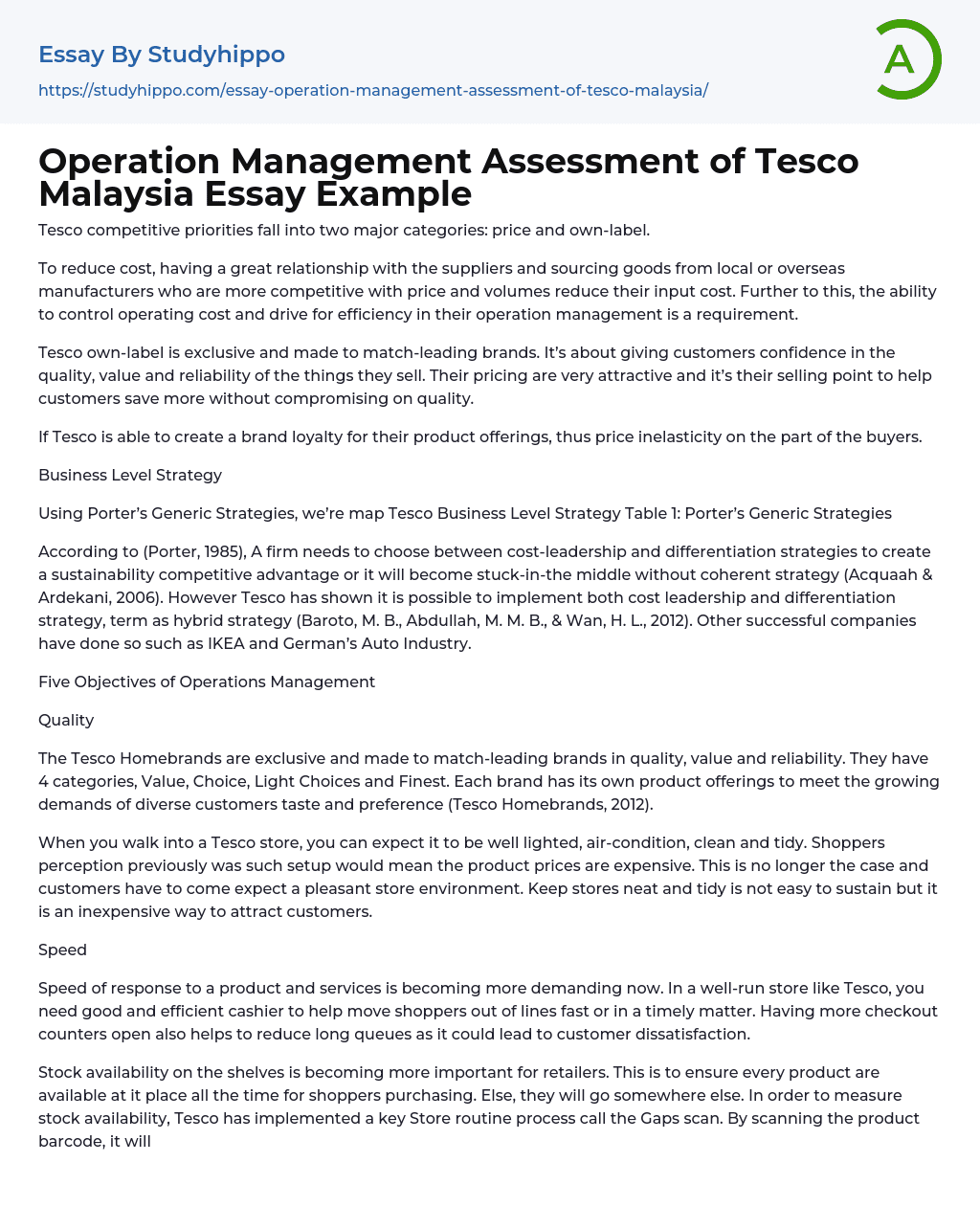 Operation Management Assessment of Tesco Malaysia Essay Example