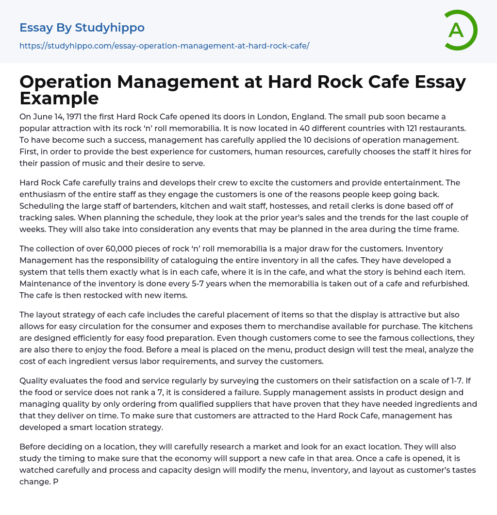 Operation Management at Hard Rock Cafe Essay Example