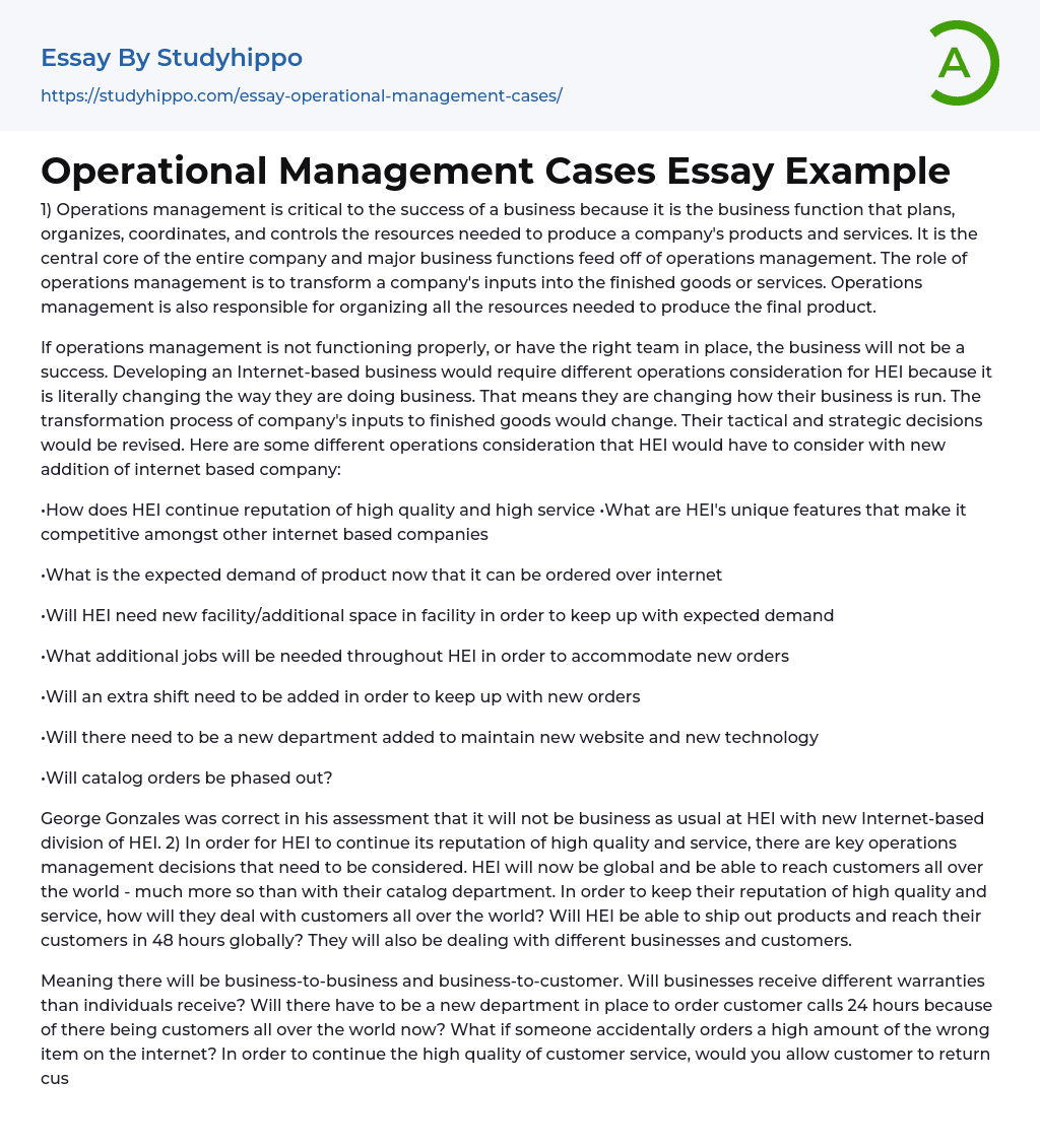 Operational Management Cases Essay Example