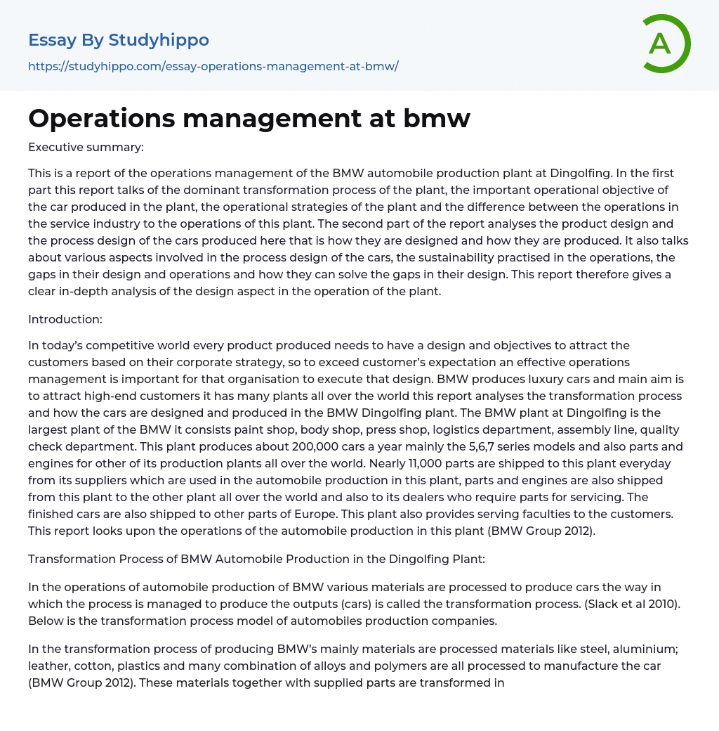 Operations management at bmw Essay Example