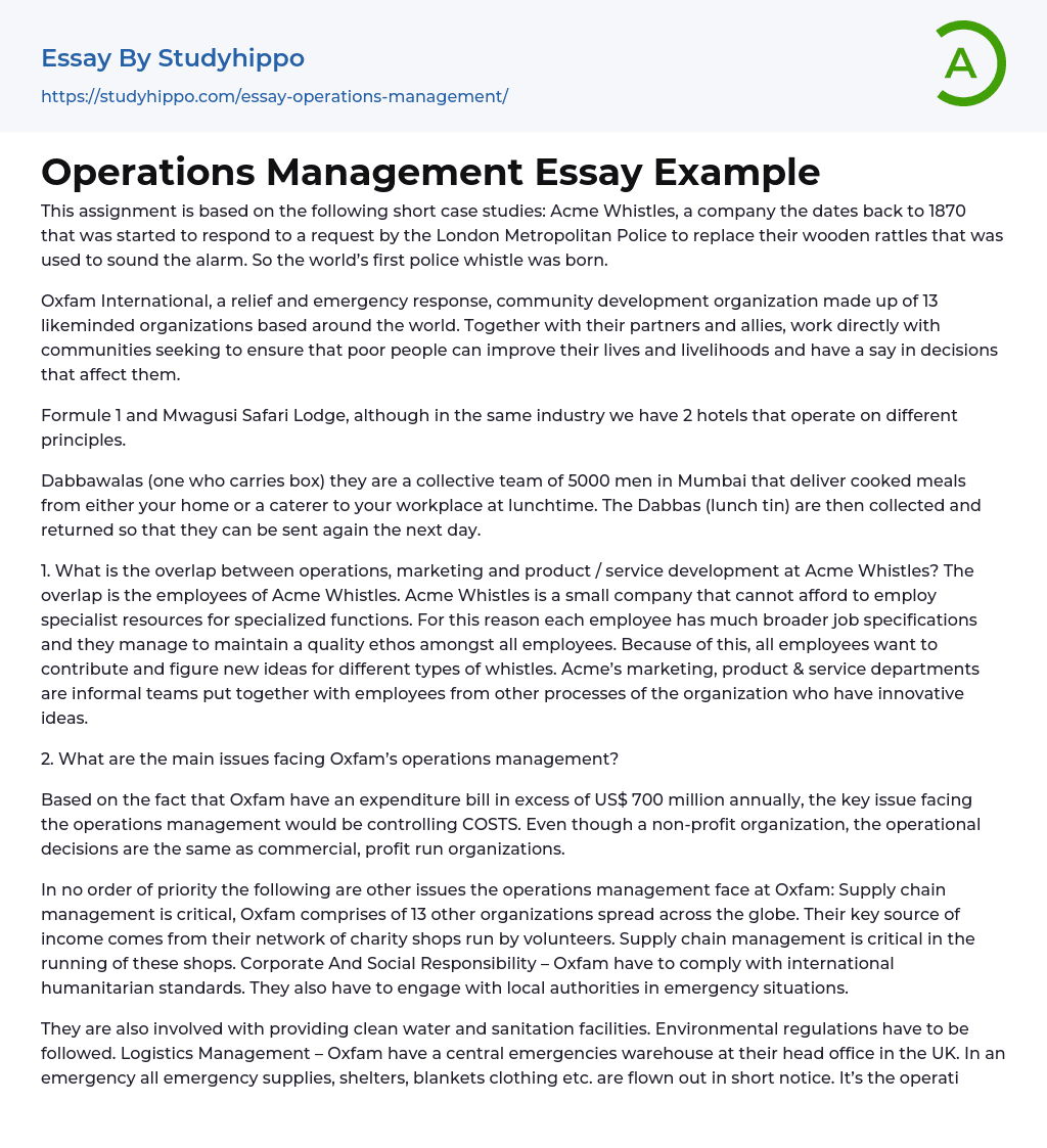 Operations Management Essay Example