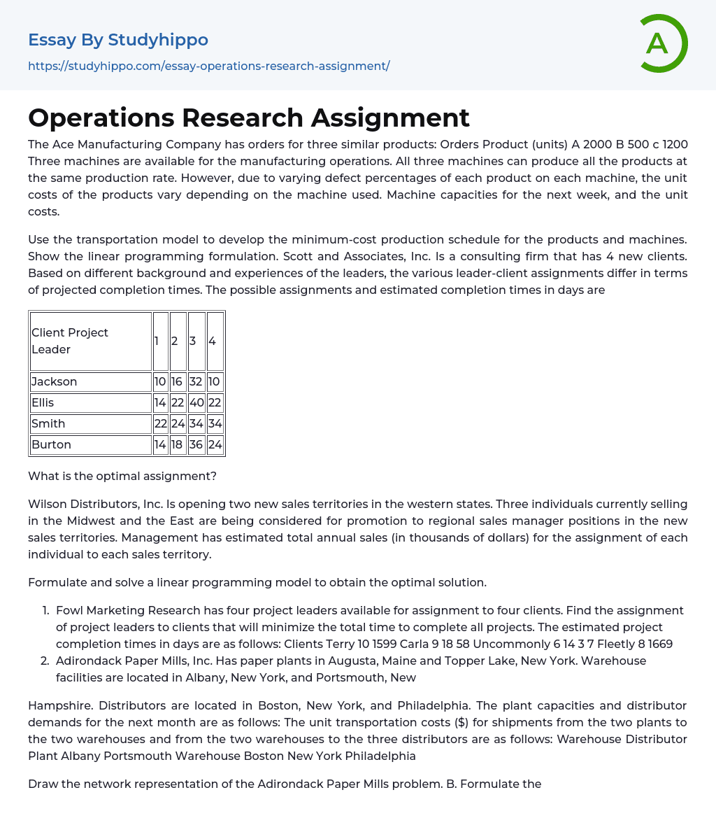 Operations Research Assignment Essay Example