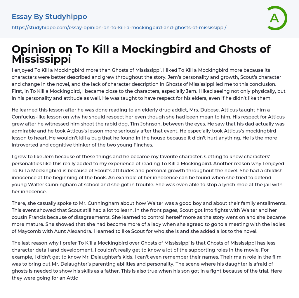 Opinion on To Kill a Mockingbird and Ghosts of Mississippi Essay Example