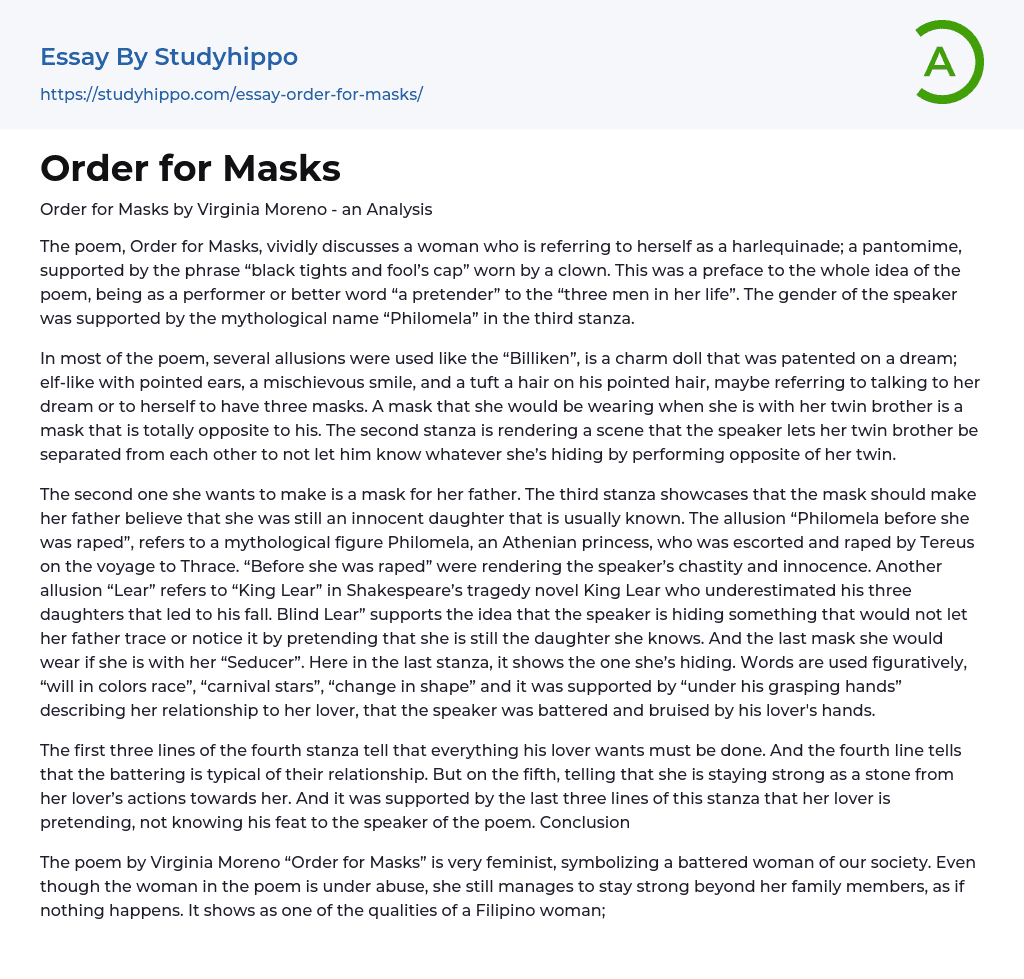 Order for Masks Essay Example