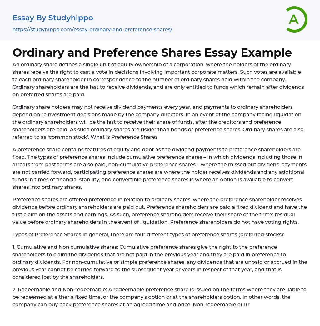 Ordinary and Preference Shares Essay Example